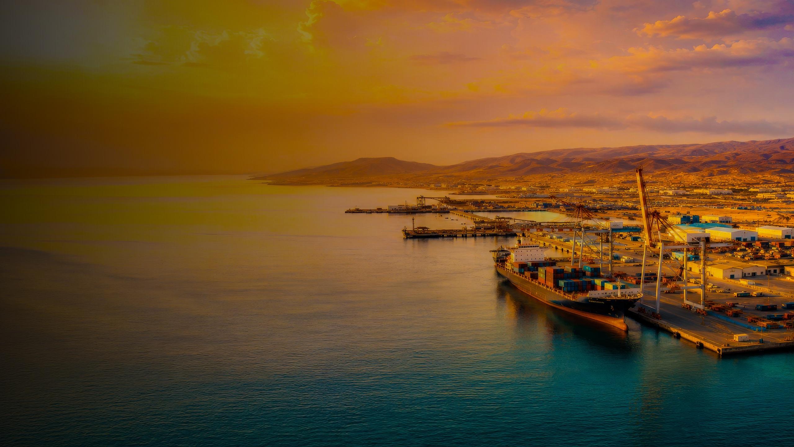 Aerial view of the Port of Berbera on Somaliland's Gulf of Aden coast at golden hour