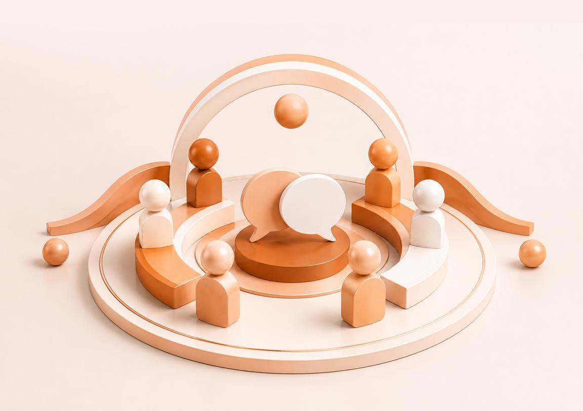 Serene 3D composition in cream and terracotta symbolizing dialogue and reconciliation