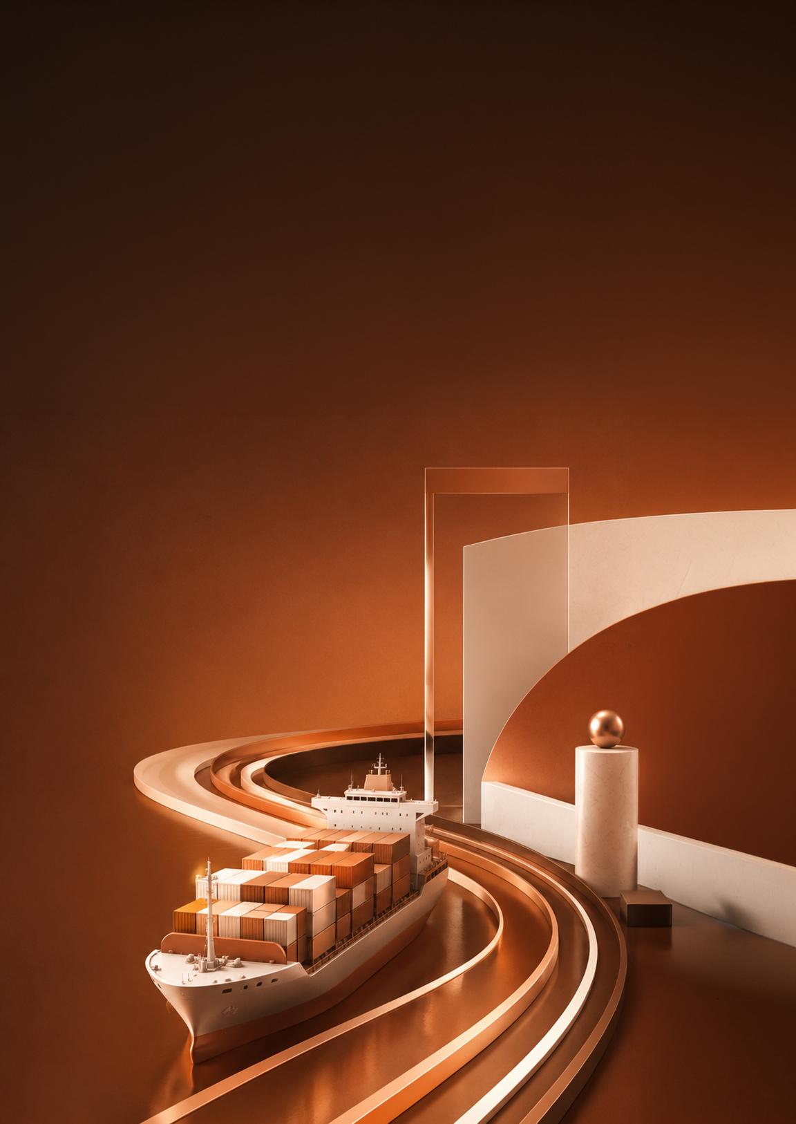 3D-rendered cargo ship winding along a copper route, symbolizing Berbera and Red Sea trade