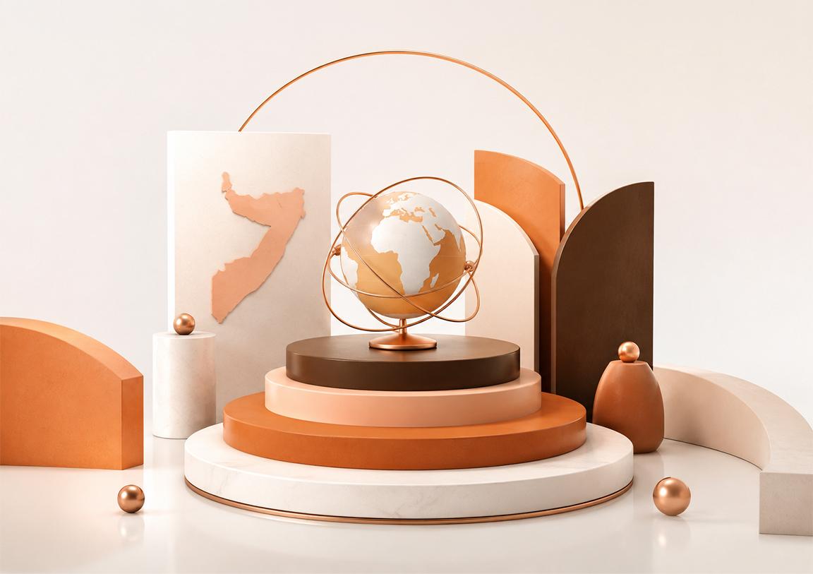 Stylized 3D scene in warm copper tones representing Somaliland's path onto the world stage